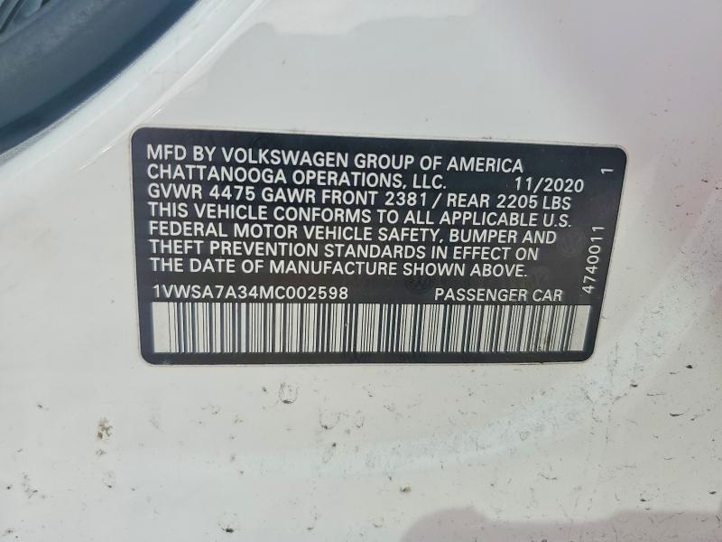 2021 Volkswagen Passat მანქანა იყიდება აუქციონზე, vin: 1VWSA7A34MC002598, აუქციონის ნომერი: 79549775