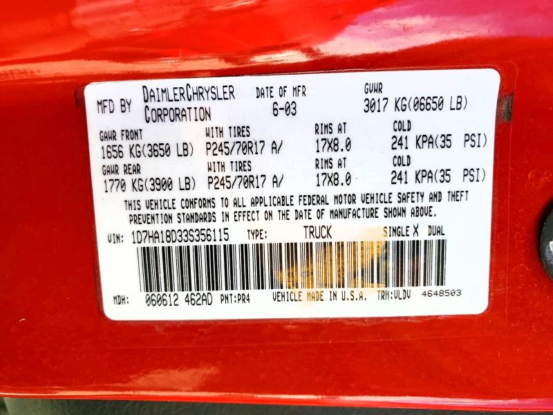 Aukcja sprzedaży 2003 Dodge Ram 1500, vin: 1D7HA18D33S356115, numer aukcji: 41775786