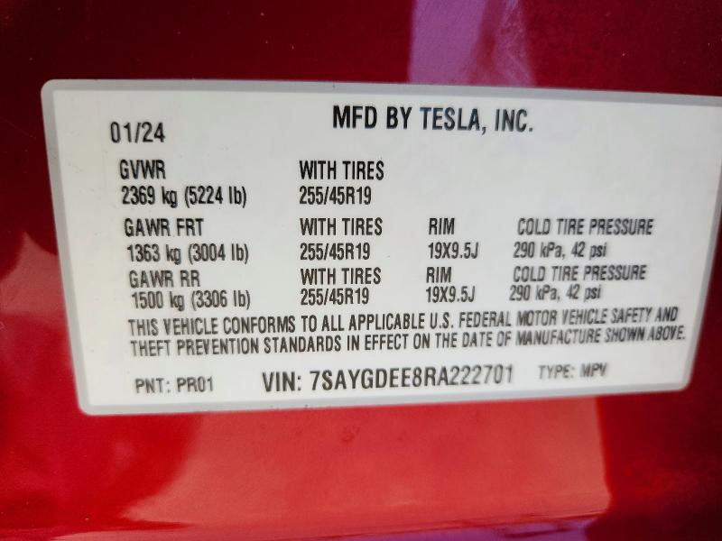 Продаж на аукціоні авто 2024 Tesla Model Y, vin: 7SAYGDEE8RA222701, номер лоту: 46753956