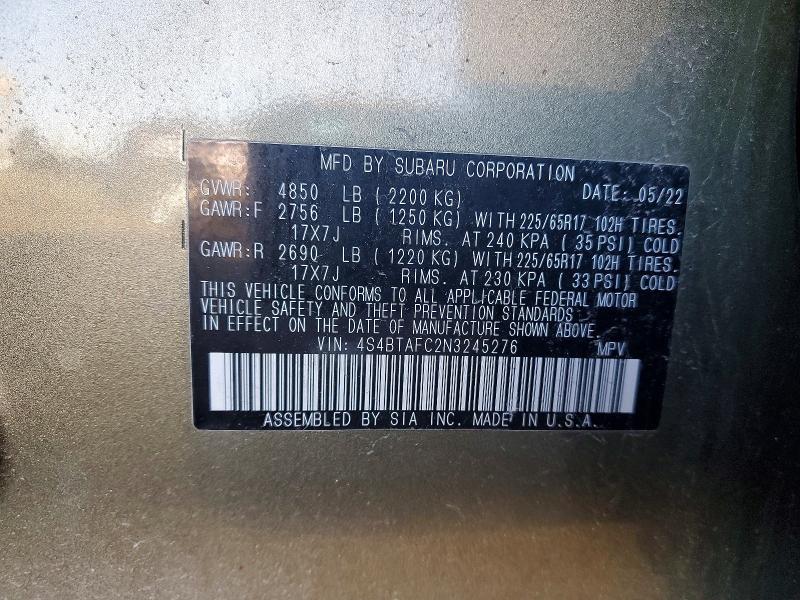 2022 Subaru Outback მანქანა იყიდება აუქციონზე, vin: 4S4BTAFC2N3245276, აუქციონის ნომერი: 47541856