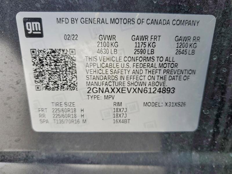 Aukcja sprzedaży 2022 Chevrolet Equinox, vin: 2GNAXXEVXN6124893, numer aukcji: 46353196