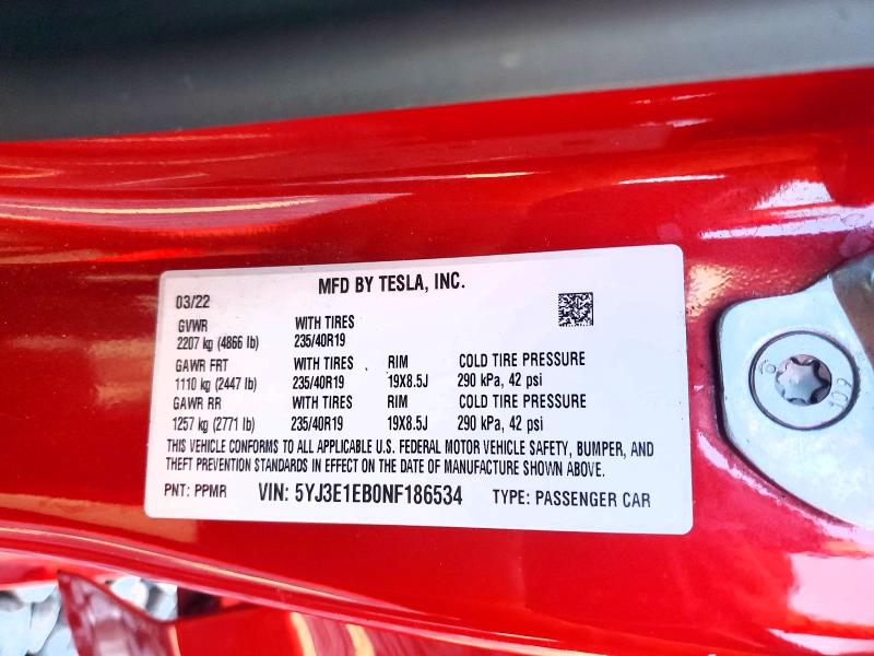 41996756 :رقم المزاد ، 5YJ3E1EB0NF186534 vin ، 2022 Tesla Model 3 مزاد بيع