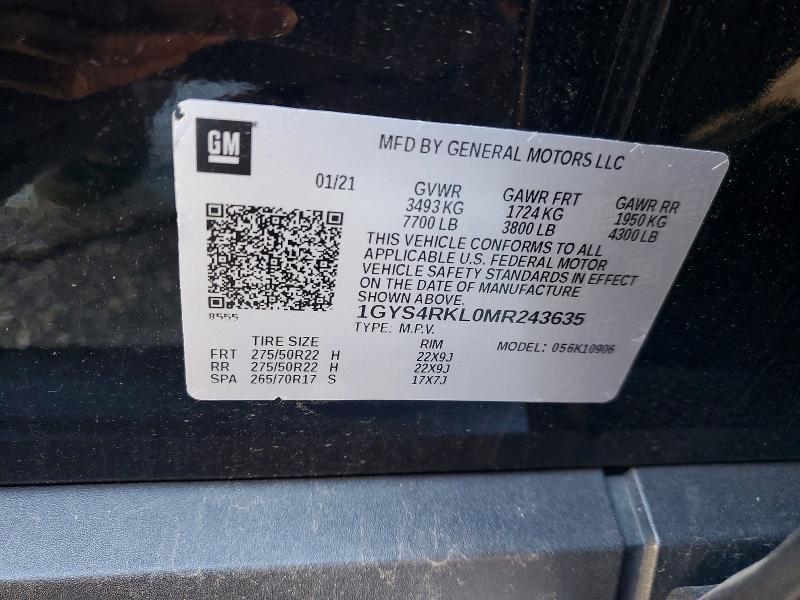 2021 Cadillac Escalade მანქანა იყიდება აუქციონზე, vin: 1GYS4RKL0MR243635, აუქციონის ნომერი: 46954136