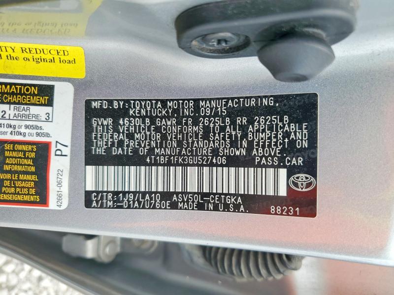 2016 Toyota Camry მანქანა იყიდება აუქციონზე, vin: 4T1BF1FK3GU527406, აუქციონის ნომერი: 47598006