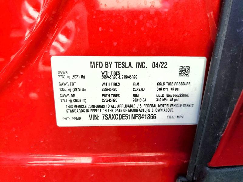 2022 Tesla Model X მანქანა იყიდება აუქციონზე, vin: 7SAXCDE51NF341856, აუქციონის ნომერი: 46244836