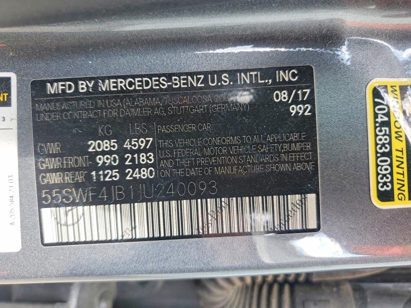 2018 Mercedes-benz C მანქანა იყიდება აუქციონზე, vin: 55SWF4JB1JU240093, აუქციონის ნომერი: 47108476