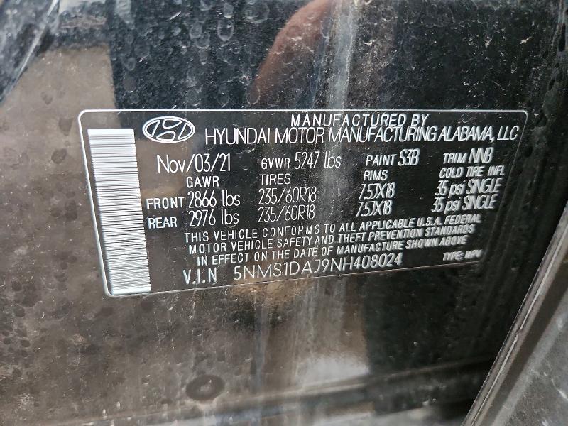 2022 Hyundai Santa Fe მანქანა იყიდება აუქციონზე, vin: 5NMS1DAJ9NH408024, აუქციონის ნომერი: 48277886