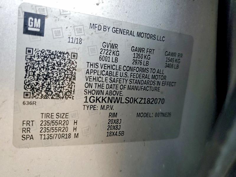 47697446 :رقم المزاد ، 1GKKNWLS0KZ182070 vin ، 2019 Gmc Acadia مزاد بيع