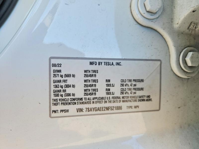 Продажа на аукционе авто 2022 Tesla Model Y, vin: 7SAYGAEE2NF521886, номер лота: 46337656
