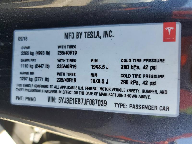 Продажа на аукционе авто 2018 Tesla Model 3, vin: 5YJ3E1EB7JF087039, номер лота: 79920465