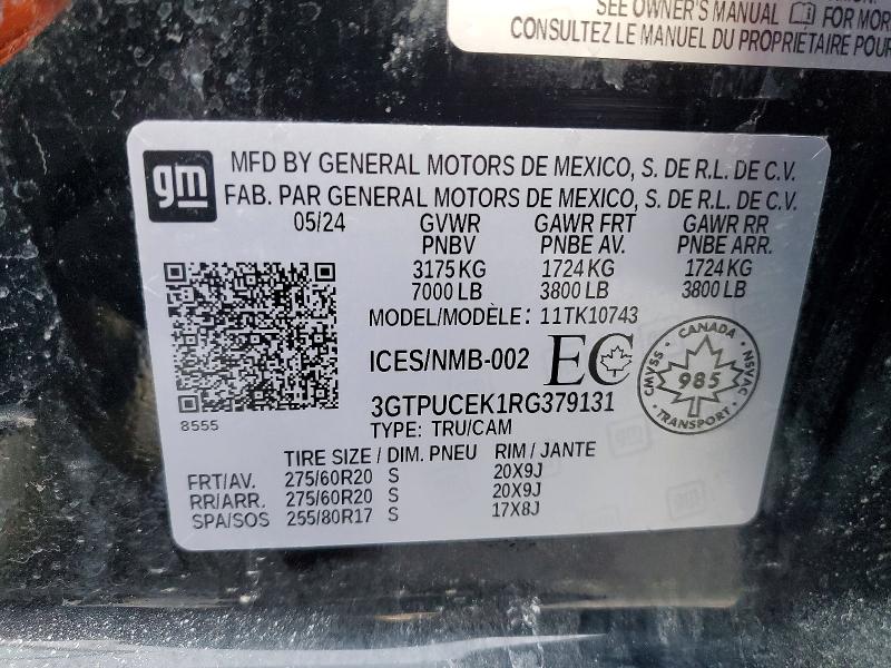 2024 Gmc Sierra მანქანა იყიდება აუქციონზე, vin: 3GTPUCEK1RG379131, აუქციონის ნომერი: 41977956