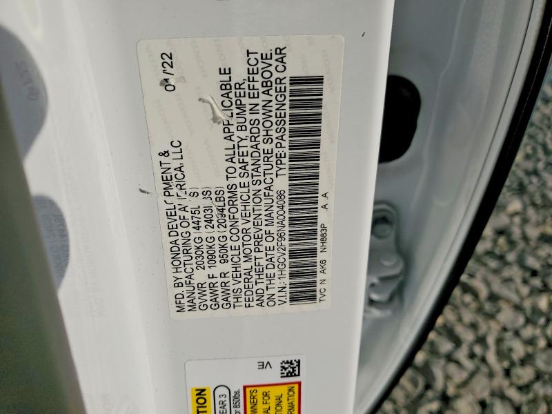 2022 Honda Accord მანქანა იყიდება აუქციონზე, vin: 1HGCV2F96NA004086, აუქციონის ნომერი: 41652156