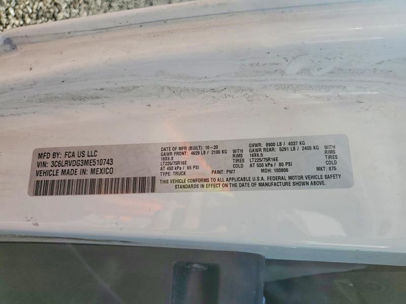 41909136 :رقم المزاد ، 3C6LRVDG3ME510743 vin ، 2021 Ram Promaster 2500 مزاد بيع