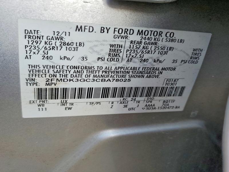 45821836 :رقم المزاد ، 2FMDK3GC3CBA78025 vin ، 2012 Ford Edge مزاد بيع