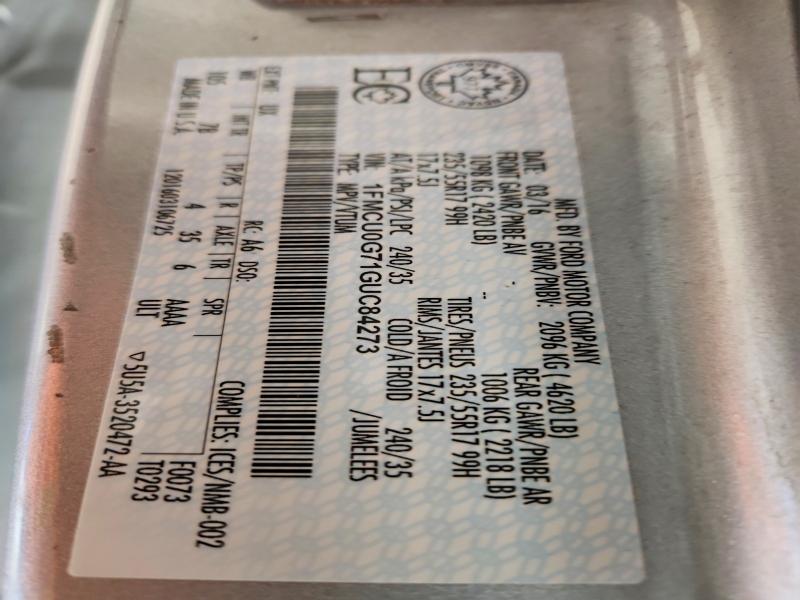 Продажа на аукционе авто 2016 Ford Escape, vin: 1FMCU0G71GUC84273, номер лота: 47291596
