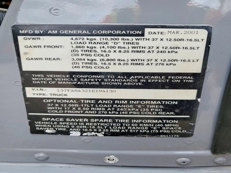 Продаж на аукціоні авто 2001 American General H1, vin: 137FA84321E194130, номер лоту: 46737036