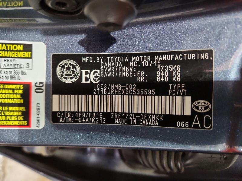 Продажа на аукционе авто 2016 Toyota Corolla, vin: 2T1BURHEXGC535595, номер лота: 46086526