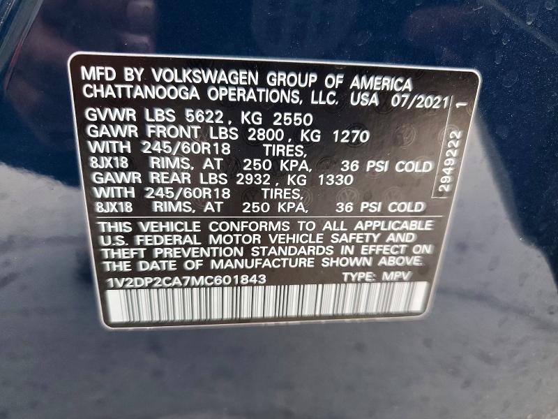 2021 Volkswagen Atlas მანქანა იყიდება აუქციონზე, vin: 1V2DP2CA7MC601843, აუქციონის ნომერი: 47288116