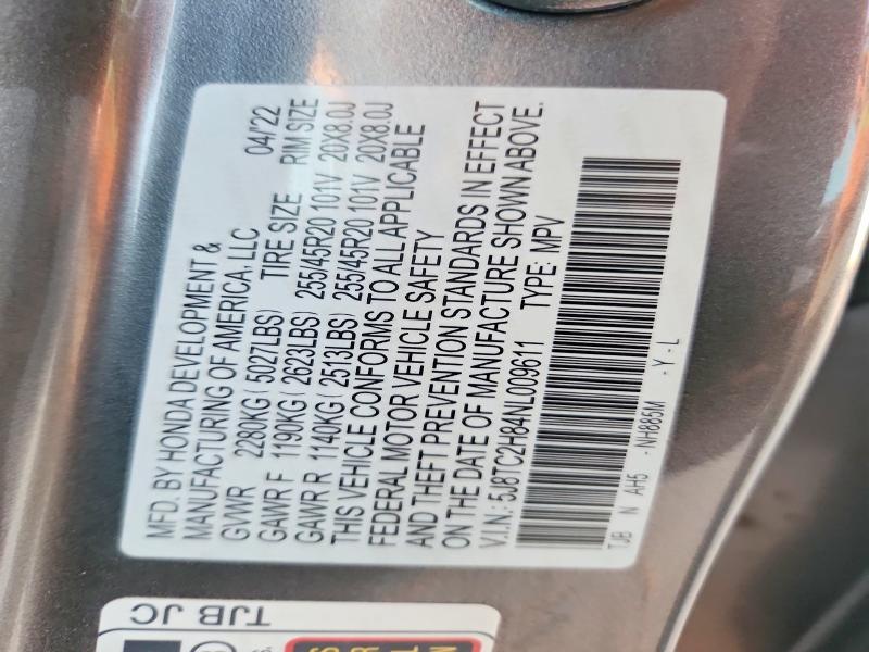 48019666 :رقم المزاد ، 5J8TC2H84NL009611 vin ، 2022 Acura Rdx مزاد بيع