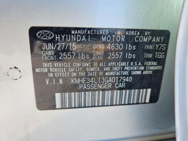 46712556 :رقم المزاد ، KMHE34L13GA017948 vin ، 2016 Hyundai Sonata Hybrid مزاد بيع