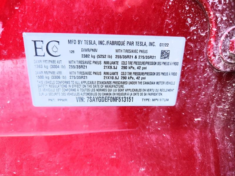 78953735 :رقم المزاد ، 7SAYGDEF0NF513151 vin ، 2022 Tesla Model Y مزاد بيع