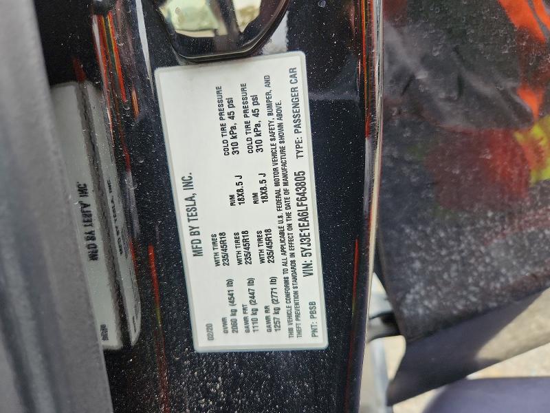 45675676 :رقم المزاد ، 5YJ3E1EA6LF643805 vin ، 2020 Tesla Model 3 مزاد بيع