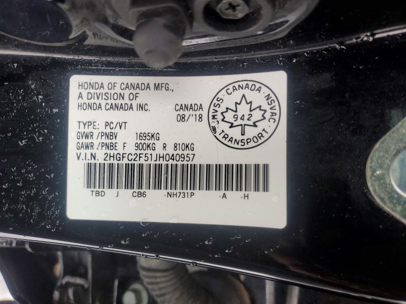 45445766 :رقم المزاد ، 2HGFC2F51JH040957 vin ، 2018 Honda Civic مزاد بيع