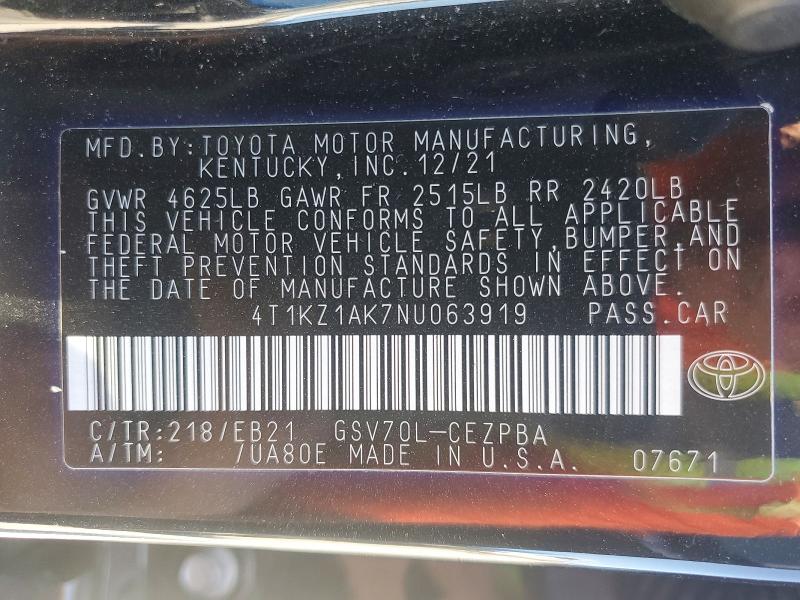 47271666 :رقم المزاد ، 4T1KZ1AK7NU063919 vin ، 2022 Toyota Camry مزاد بيع