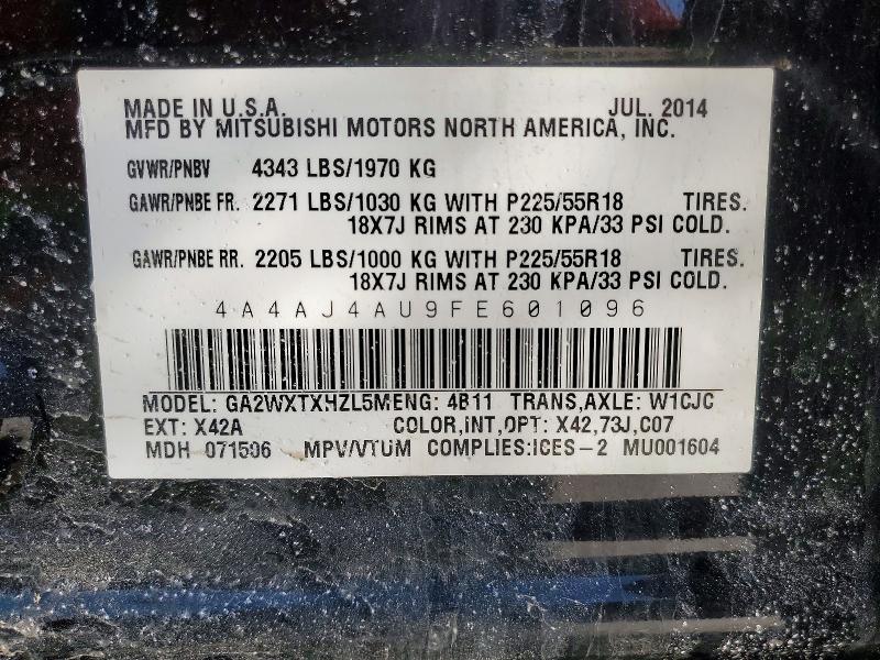 79162065 :رقم المزاد ، 4A4AJ4AU9FE601096 vin ، 2015 Mitsubishi Rvr مزاد بيع