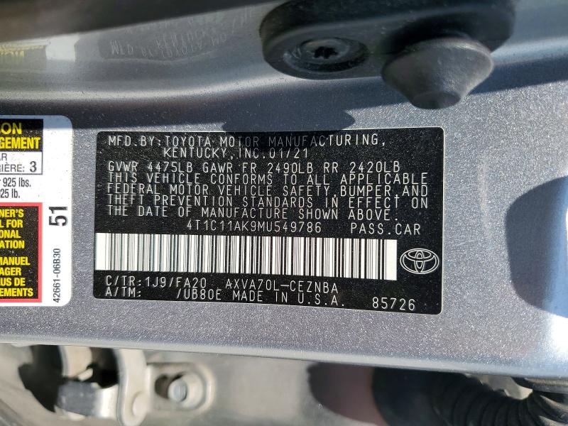 2021 Toyota Camry მანქანა იყიდება აუქციონზე, vin: 4T1C11AK9MU549786, აუქციონის ნომერი: 48140816