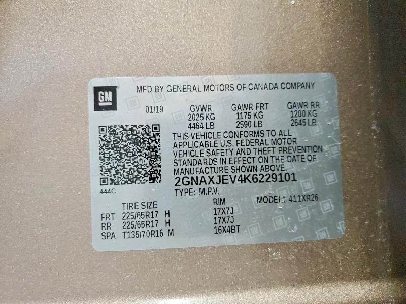 Aukcja sprzedaży 2019 Chevrolet Equinox, vin: 2GNAXJEV4K6229101, numer aukcji: 79550495