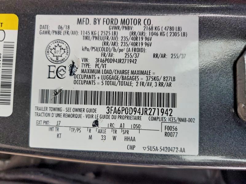 Aukcja sprzedaży 2018 Ford Fusion, vin: 3FA6P0D94JR271942, numer aukcji: 46149466