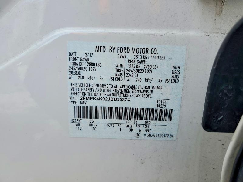 Aukcja sprzedaży 2018 Ford Edge, vin: 2FMPK4K92JBB35374, numer aukcji: 46224566