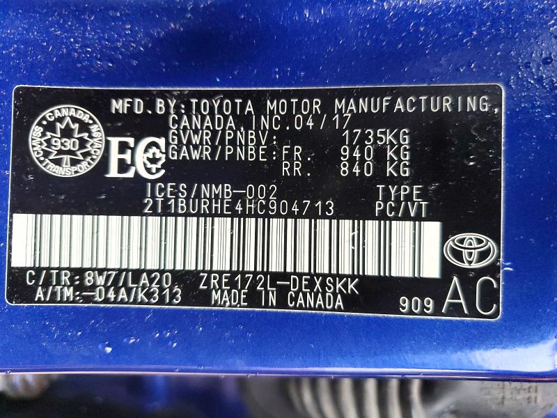 2017 Toyota Corolla მანქანა იყიდება აუქციონზე, vin: 2T1BURHE4HC904713, აუქციონის ნომერი: 79837625