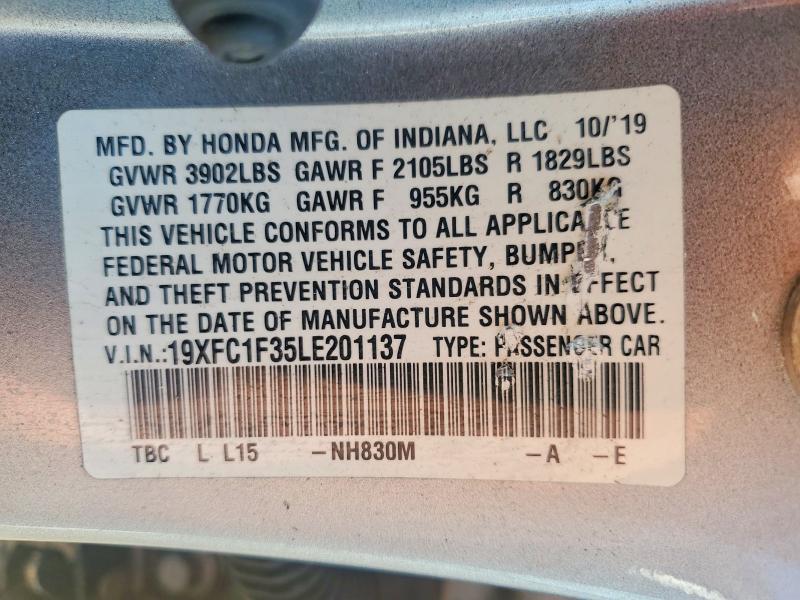 Продажа на аукционе авто 2020 Honda Civic, vin: 19XFC1F35LE201137, номер лота: 46303216