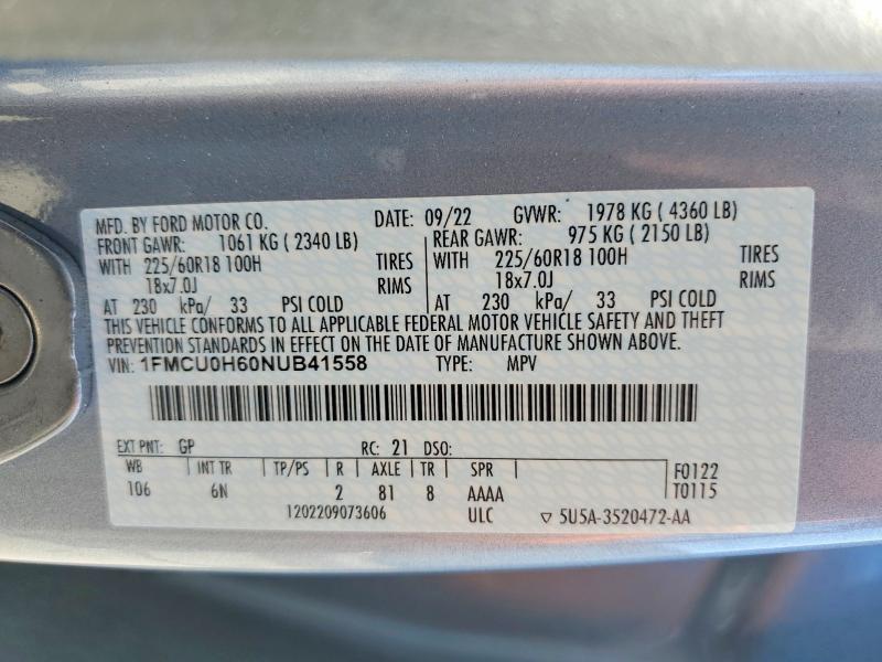 47361886 :رقم المزاد ، 1FMCU0H60NUB41558 vin ، 2022 Ford Escape مزاد بيع