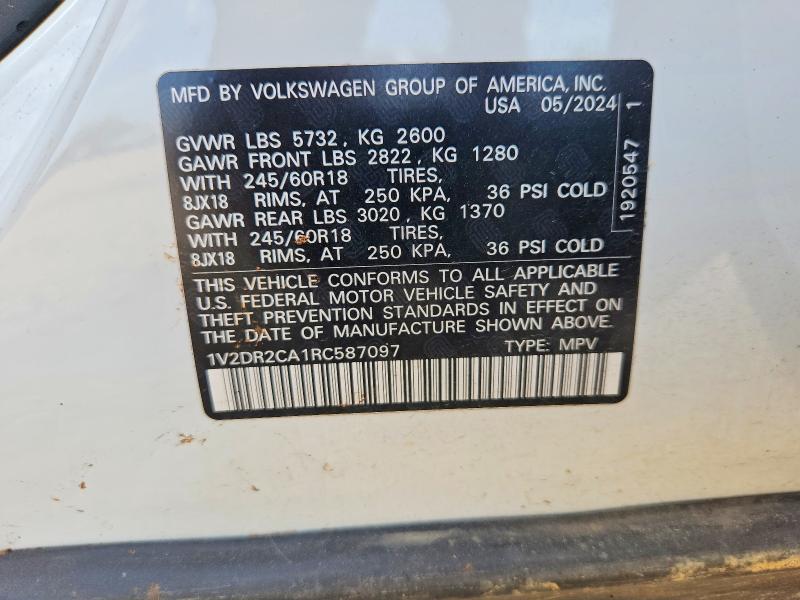 2024 Volkswagen Atlas მანქანა იყიდება აუქციონზე, vin: 1V2DR2CA1RC587097, აუქციონის ნომერი: 41736816