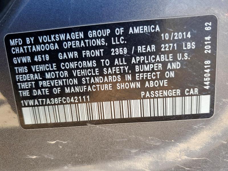 Продажа на аукционе авто 2015 Volkswagen Passat, vin: 1VWAT7A36FC042111, номер лота: 47197726