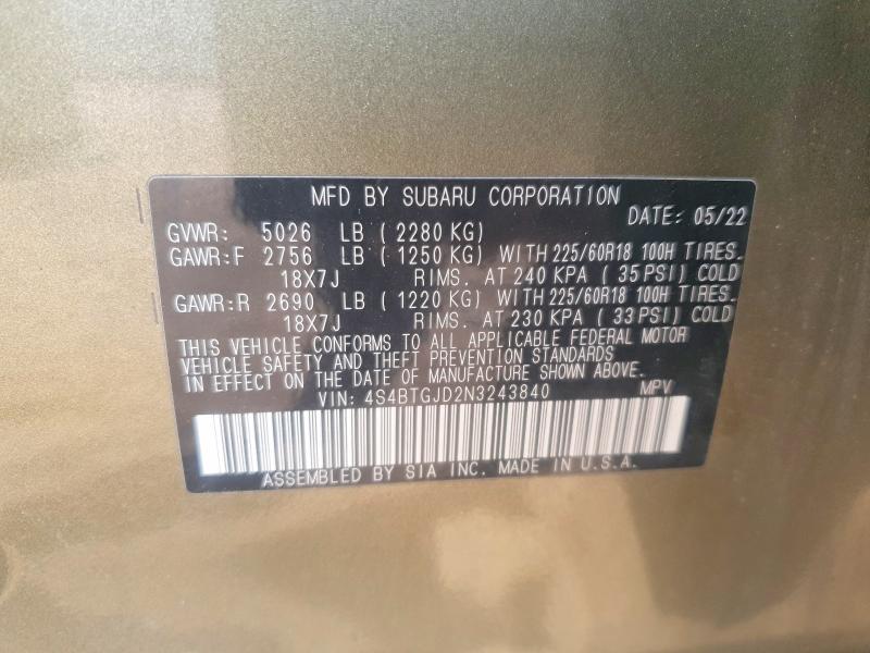 2022 Subaru Outback მანქანა იყიდება აუქციონზე, vin: 4S4BTGJD2N3243840, აუქციონის ნომერი: 79104845