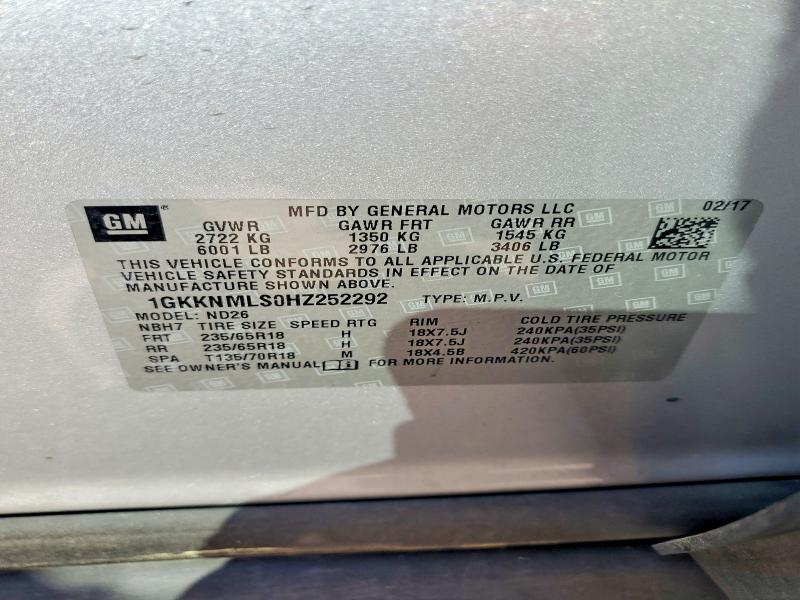 46276196 :رقم المزاد ، 1GKKNMLS0HZ252292 vin ، 2017 Gmc Acadia مزاد بيع