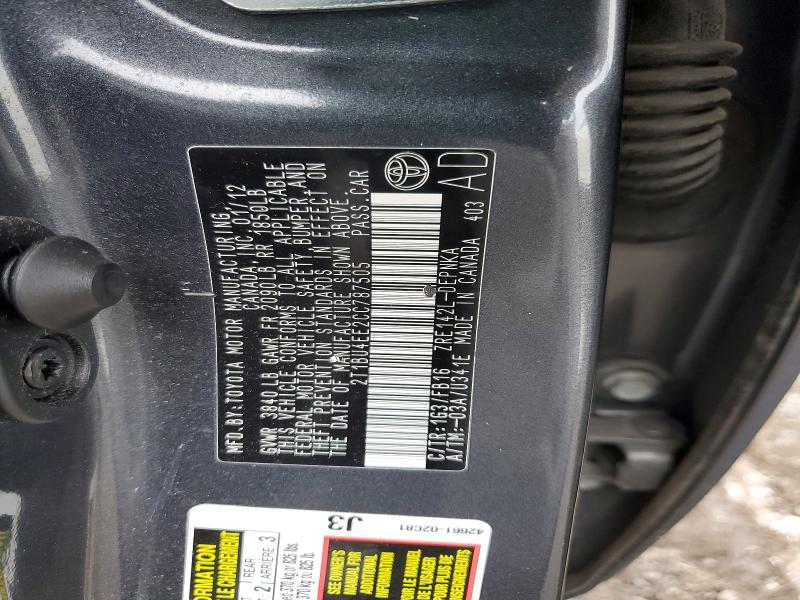 47608346 :رقم المزاد ، 2T1BU4EE2CC787505 vin ، 2012 Toyota Corolla مزاد بيع