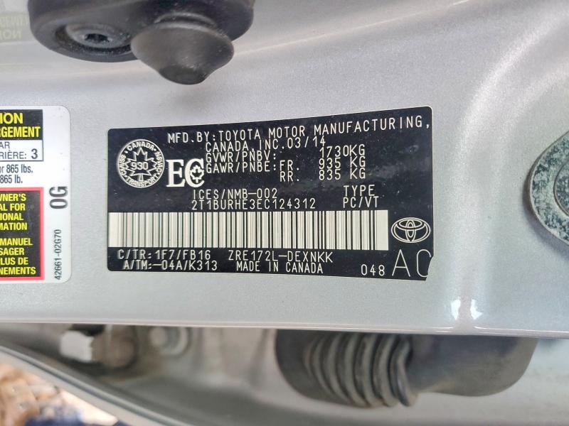 2014 Toyota Corolla მანქანა იყიდება აუქციონზე, vin: 2T1BURHE3EC124312, აუქციონის ნომერი: 47168726