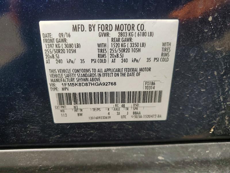 Aukcja sprzedaży 2017 Ford Explorer, vin: 1FM5K8D87HGA92768, numer aukcji: 41922726