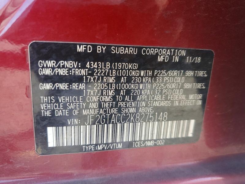 Продаж на аукціоні авто 2019 Subaru Crosstrek, vin: JF2GTACC2K8275148, номер лоту: 79830605