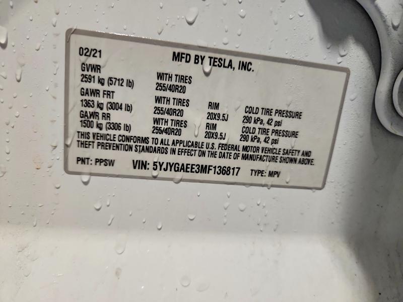 2021 Tesla Model Y მანქანა იყიდება აუქციონზე, vin: 5YJYGAEE3MF136817, აუქციონის ნომერი: 79398715