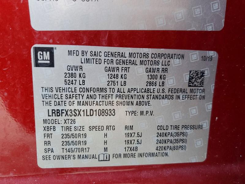 47818276 :رقم المزاد ، LRBFX3SX1LD108933 vin ، 2020 Buick Envision مزاد بيع