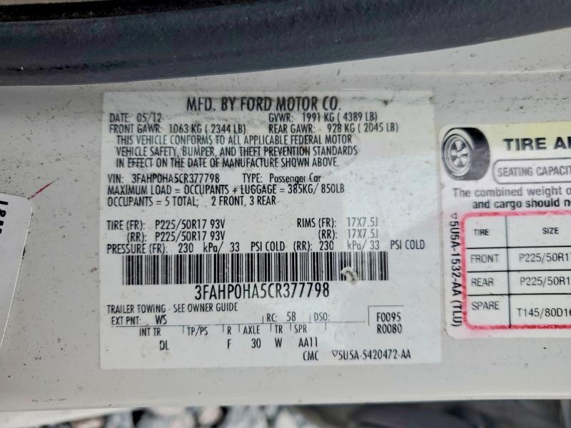 Aukcja sprzedaży 2012 Ford Fusion, vin: 3FAHP0HA5CR377798, numer aukcji: 46187436