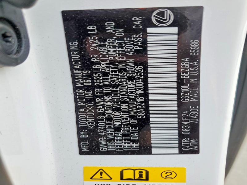 41662946 :رقم المزاد ، 58ABZ1B11KU042526 vin ، 2019 Lexus Es 350 مزاد بيع