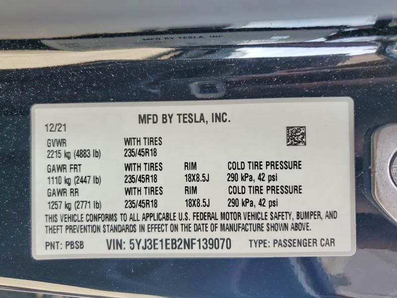 79642845 :رقم المزاد ، 5YJ3E1EB2NF139070 vin ، 2022 Tesla Model 3 مزاد بيع