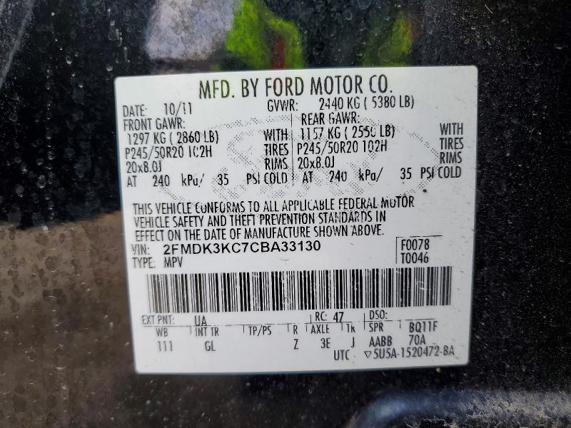 Продаж на аукціоні авто 2012 Ford Edge, vin: 2FMDK3KC7CBA33130, номер лоту: 46318146